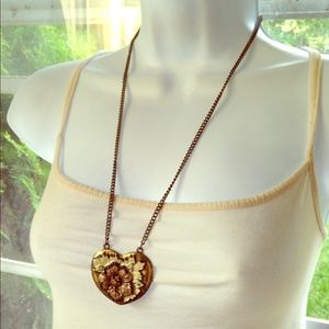 Antiqued Long Enamel Heart & Flower Necklace